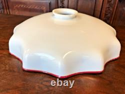 Unusual ANTIQUE WHITE with RED STRIPE RUFFLED MILK GLASS LIGHT LAMP SHADE Fluted