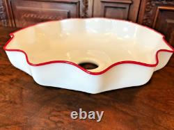 Unusual ANTIQUE WHITE with RED STRIPE RUFFLED MILK GLASS LIGHT LAMP SHADE Fluted