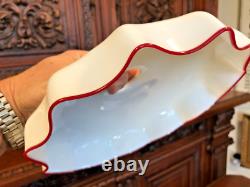 Unusual ANTIQUE WHITE with RED STRIPE RUFFLED MILK GLASS LIGHT LAMP SHADE Fluted
