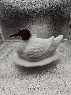 Unusual L. G. Wright White Milk Glass Duck Covered Dish, Purple Amethyst Head