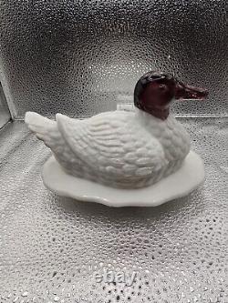 Unusual L. G. Wright White Milk Glass Duck Covered Dish, Purple Amethyst Head