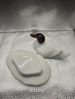 Unusual L. G. Wright White Milk Glass Duck Covered Dish, Purple Amethyst Head