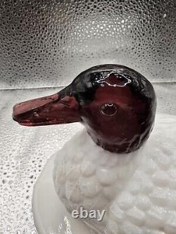 Unusual L. G. Wright White Milk Glass Duck Covered Dish, Purple Amethyst Head