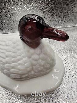 Unusual L. G. Wright White Milk Glass Duck Covered Dish, Purple Amethyst Head