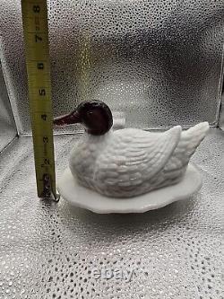 Unusual L. G. Wright White Milk Glass Duck Covered Dish, Purple Amethyst Head