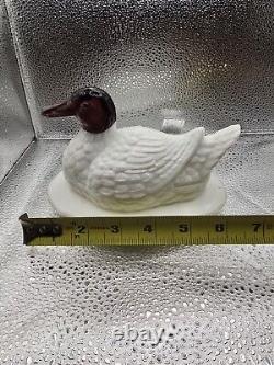 Unusual L. G. Wright White Milk Glass Duck Covered Dish, Purple Amethyst Head