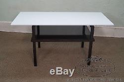 Unusual Mid Century Lacquer Base Console Table with Floating White Milk Glass Top