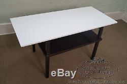 Unusual Mid Century Lacquer Base Console Table with Floating White Milk Glass Top