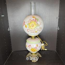 Uranium Milk Glass Hand Painted Floral Hurricane Gwtw Lamp Antique Vtg Low Glow