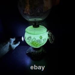 Uranium Milk Glass Hand Painted Floral Hurricane Gwtw Lamp Antique Vtg Low Glow