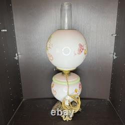 Uranium Milk Glass Hand Painted Floral Hurricane Gwtw Lamp Antique Vtg Low Glow