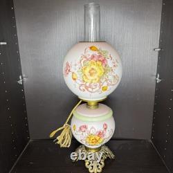 Uranium Milk Glass Hand Painted Floral Hurricane Gwtw Lamp Antique Vtg Low Glow