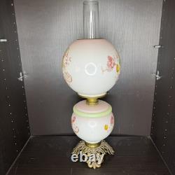 Uranium Milk Glass Hand Painted Floral Hurricane Gwtw Lamp Antique Vtg Low Glow