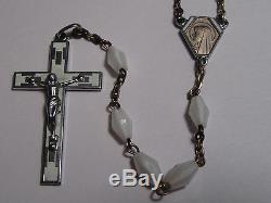 VERY UNIQUE VINTAGE SILVER With WHITE & TAN ENAMEL MILK GLASS ROSARY 20 1/2