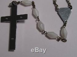 VERY UNIQUE VINTAGE SILVER With WHITE & TAN ENAMEL MILK GLASS ROSARY 20 1/2