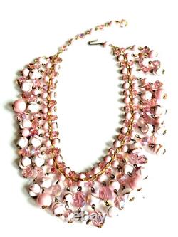 VINTAGE ALICE CAVINESS 1950s Pink GOLD WHITE MILK GLASS BEAD BIB CHOKER NECKLACE