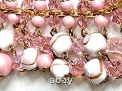 VINTAGE ALICE CAVINESS 1950s Pink GOLD WHITE MILK GLASS BEAD BIB CHOKER NECKLACE