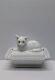 Vintage Antique White Milk Glass Covered Dish Figural Cat With Eyes