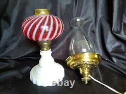VINTAGE FENTON CRANBERRY OPALESCENT SWIRL OIL LAMP WithMILK GLASS BASE CONVERTED