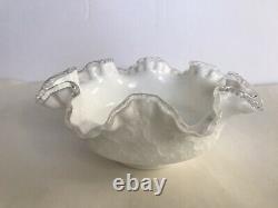 VINTAGE FENTON MILk GLASS SILVER CREST RUFFLED EDGE 10 BOWL CANDY DISH withLabel