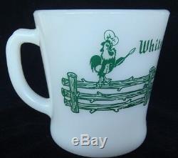 VINTAGE FIRE KING MILK GLASS COFFEE MUG WHITE FENCE FARM with ROOSTER RARE