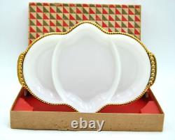VINTAGE FIRE KING milk glass 3 section divided dish 22K gold trim NEW in box