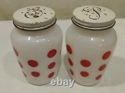 VINTAGE Fire-King Red Polka Dot Grease Jar with Salt and Pepper Shaker SET 1953