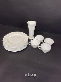 VINTAGE Indiana MILK GLASS Colony Harvest Grape 8 Dinner Plates, 4 Cups, Chalice