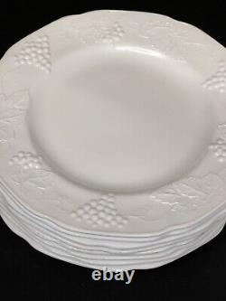 VINTAGE Indiana MILK GLASS Colony Harvest Grape 8 Dinner Plates, 4 Cups, Chalice