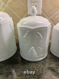 VINTAGE MILK GLASS CANISTERS With LIDS SET OF 3 INDIANA COLONY GRAPE HARVEST
