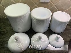 VINTAGE MILK GLASS CANISTERS With LIDS SET OF 3 INDIANA COLONY GRAPE HARVEST