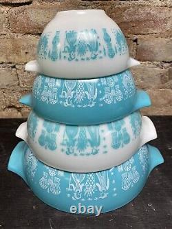 VINTAGE PYREX Amish BUTTERPRINT Nesting Cinderella Bowls Turquoise Teal MIXING