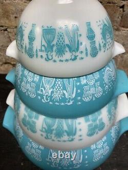 VINTAGE PYREX Amish BUTTERPRINT Nesting Cinderella Bowls Turquoise Teal MIXING