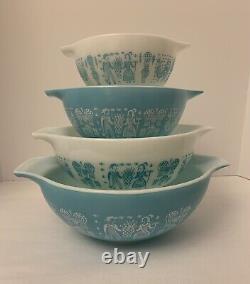 VINTAGE PYREX Amish BUTTERPRINT Nesting Cinderella Bowls Turquoise Teal/White