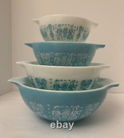 VINTAGE PYREX Amish BUTTERPRINT Nesting Cinderella Bowls Turquoise Teal/White