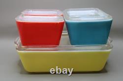 VINTAGE PYREX PRIMARY COLORS 4PC 501 502 503 SET REFRIGERATOR DISHES LIDS comple
