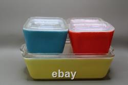 VINTAGE PYREX PRIMARY COLORS 4PC 501 502 503 SET REFRIGERATOR DISHES LIDS comple