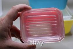 VINTAGE PYREX PRIMARY COLORS 4PC 501 502 503 SET REFRIGERATOR DISHES LIDS comple