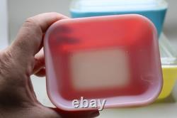 VINTAGE PYREX PRIMARY COLORS 4PC 501 502 503 SET REFRIGERATOR DISHES LIDS comple