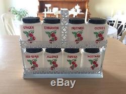 VINTAGE Tipp USA Milk Glass CHERRIES Spice Set with WHITE Rack EXCELLENT Original