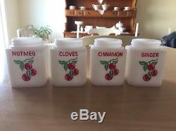 VINTAGE Tipp USA Milk Glass CHERRIES Spice Set with WHITE Rack EXCELLENT Original