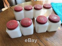 VINTAGE Tipp USA White Milk Glass CHERRIES Spice Set jars with WHITE Rack Original