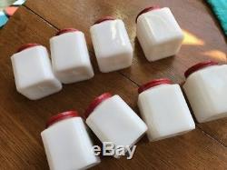 VINTAGE Tipp USA White Milk Glass CHERRIES Spice Set jars with WHITE Rack Original