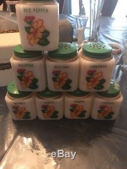 VINTAGE Tipp USA White Milk Glass Flower Spice Set jars Green Top