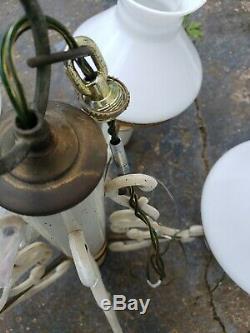 VTG 5 Light White & Brass Chandelier Milk Glass Globes LIGHT lamp shades