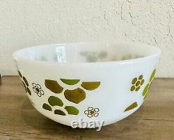 VTG AH Fire King Springtime Mod Green Flower MCM Milk Glass Mixing Bowl 8.5 MCM