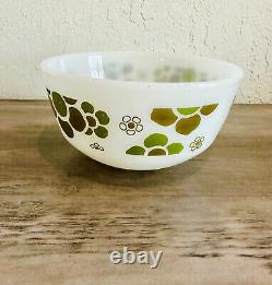 VTG AH Fire King Springtime Mod Green Flower MCM Milk Glass Mixing Bowl 8.5 MCM