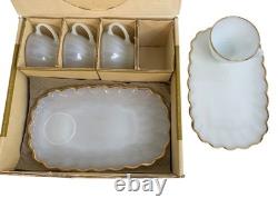VTG Anchor Hocking Milk Glass Snack Set 22K Gold Rim 8-Piece Mid-Century New