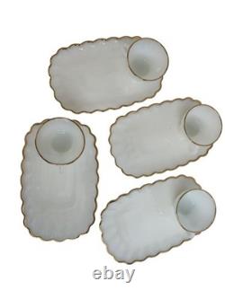 VTG Anchor Hocking Milk Glass Snack Set 22K Gold Rim 8-Piece Mid-Century New