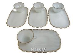 VTG Anchor Hocking Milk Glass Snack Set 22K Gold Rim 8-Piece Mid-Century New